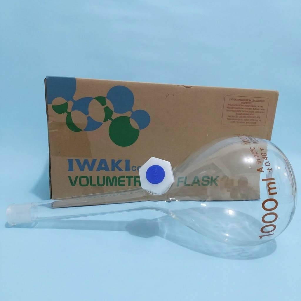 Labu Ukur 1000 ml Iwaki / Volumetric Flask Kaca Borosilikat Kelas A | Alat Ukur Volume Larutan